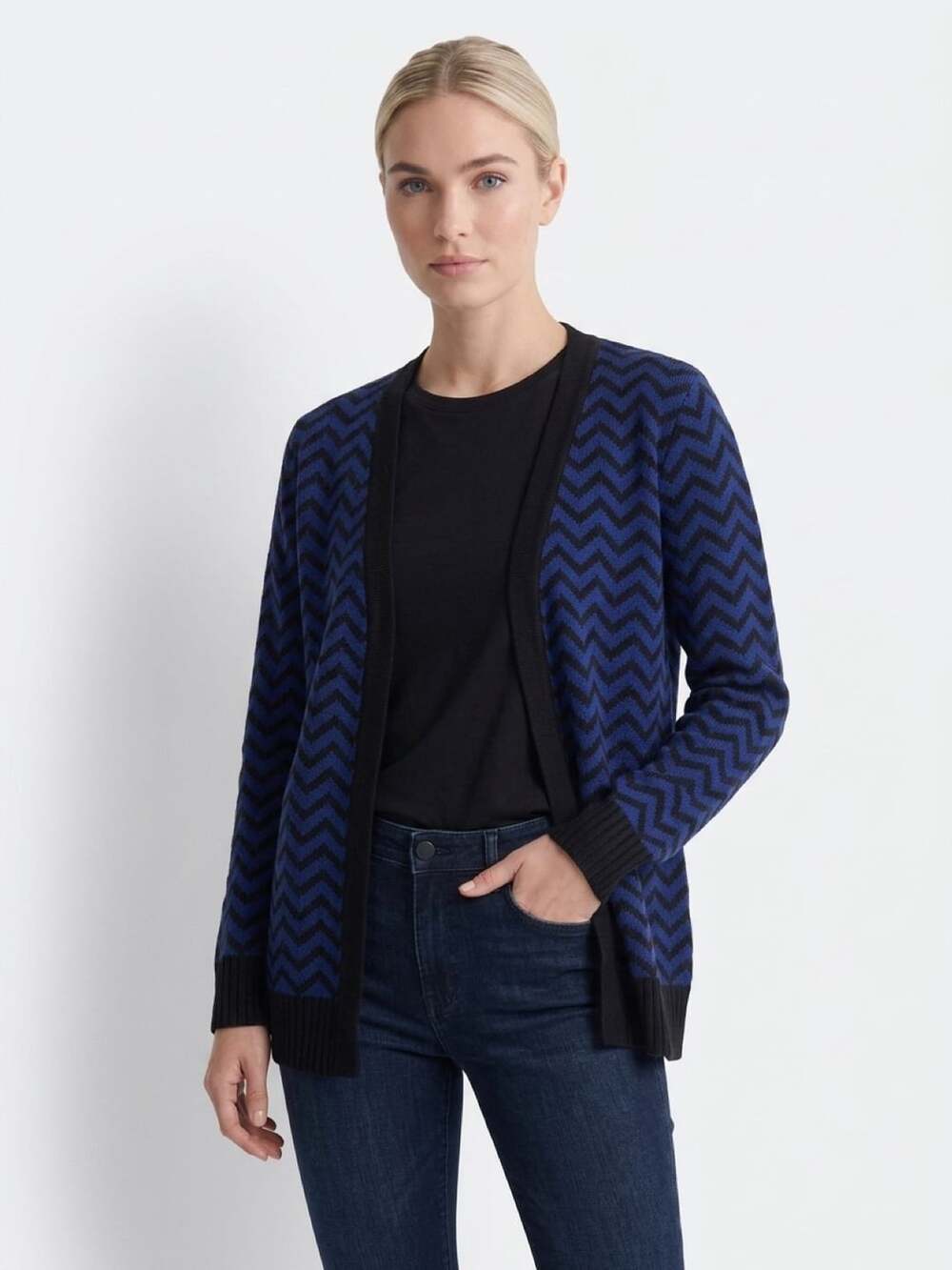Premise Studio Cardigan Size M Blue Black Chevron Open Front